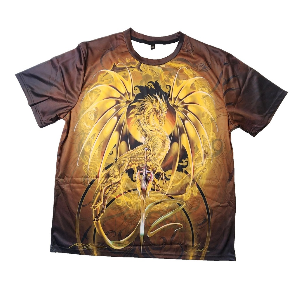 Men's Fantasy Dragon Art T-shirt Double Sided Gold Size 1X